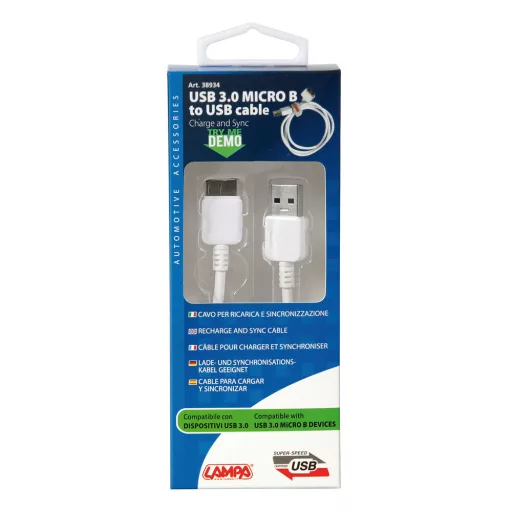 Lampa Adatkábel, USB - USB3.0 microB, Fehér, 1m