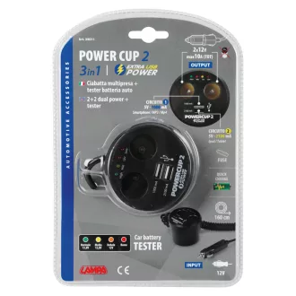   Lampa Power Cup 2, Szivargyújtó Elosztó 2-es, 2 USB-vel és akkumulátortesztelővel, 12V