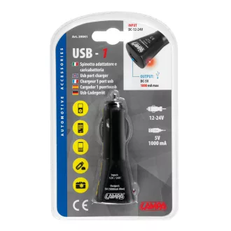 Lampa Szivargyújtós Töltő, 1xUSB Port, 1A 12/24V