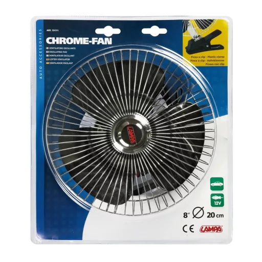 Lampa Króm 12V Oszcilláló Ventilátor - Csiptetős - 20cm