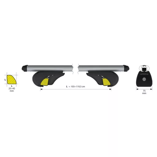 Nordrive Alumia Rail, komplett alumínium tetőcsomagtartó készlet - L - Evos RA 120cm
