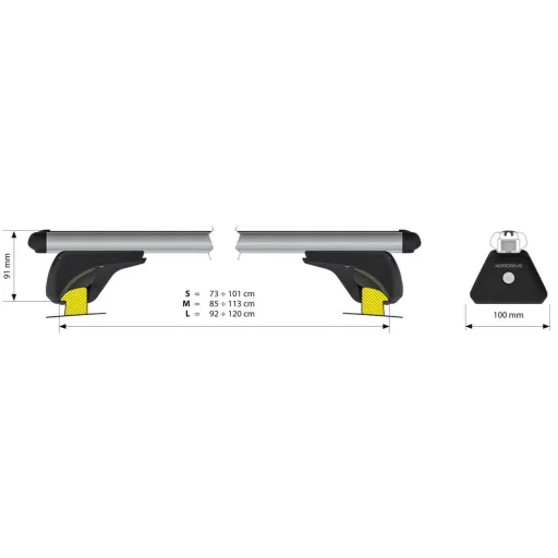 Nordrive, Alumia In-Rail, komplett alumínium tetőcsomagtartó készlet - M - Evos IA, 120cm