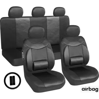   11 részes üléshuzat szett Deréktámasz + Légzsák kompatibilis - fekete AG28505BK PLUS