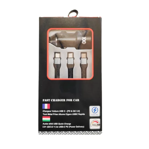 13023 02ACSET Gyors töltő USB/USB-C + 3 az 1-ben töltő különböző töltőfejekkel - 5A 100W 12-24V