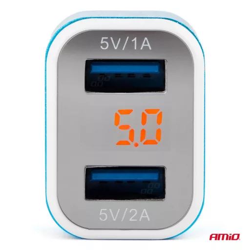 Amio Szívargyújtós USB töltő 2x és Voltmérő