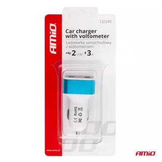 Amio Szívargyújtós USB töltő 2x és Voltmérő