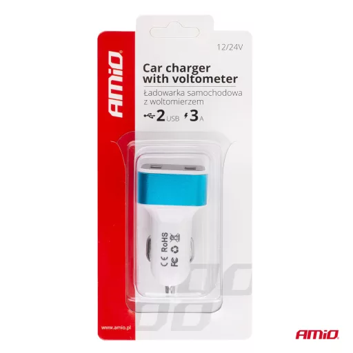 Amio Szívargyújtós USB töltő 2x és Voltmérő