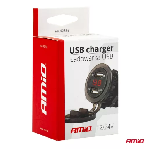 Amio Vízálló Töltő Voltmérővel 2 USB 12/24V 3A