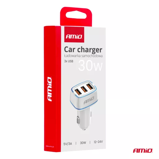 Amio Autós töltő 3x USB-A 30W 12/24V 5V/3A
