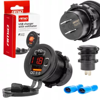   Amio Usb és Usb-C Aljzat Voltmérővel, Beépíthető, Vízálló, 12/24V