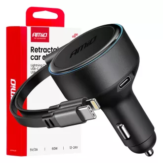   Amio Szivargyújtó Töltő Usb-C - Lightning, Behuzható, 60W 12/24V