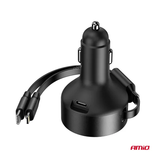 Amio Szivargyújtó Töltő Usb-C - Lightning, Behuzható, 60W 12/24V
