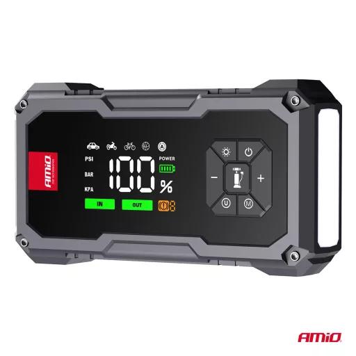 Amio Hordozható Akkumulátor, Kompresszor, Power Bank, Lámpa