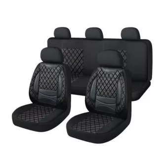   Univerzális üléshuzat szett Fekete oldaltámaszos erős műbőr fehér varrás minta