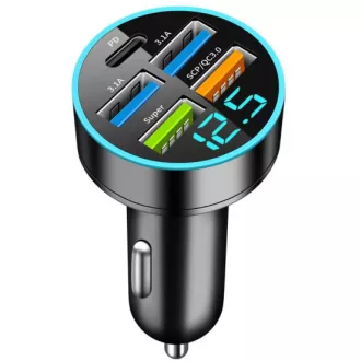   13139 M57 Autós töltő + voltmérő - 4USB + USB-C - PD+2 SUPER+QC3.1+3.1 - 12-24V
