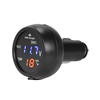   13207 USB-s autós töltő, voltmérővel és LCD digitális hőmérővel, szivargyújtó csatlakozás 12/24V