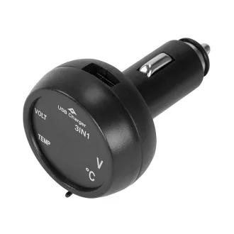   13207 USB-s autós töltő, voltmérővel és LCD digitális hőmérővel, szivargyújtó csatlakozás 12/24V