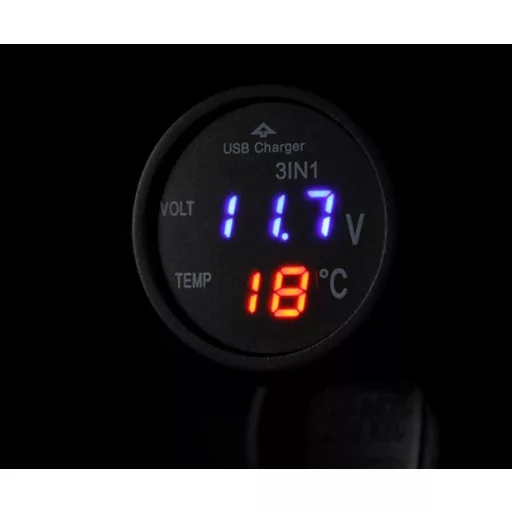 13207 USB-s autós töltő, voltmérővel és LCD digitális hőmérővel, szivargyújtó csatlakozás 12/24V