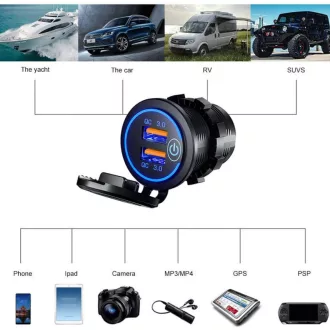   13214 Beépíthető, vízálló USB töltő aljzat Quick Charge 3.0
