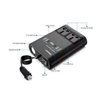   13276 12/24V Autós inverter 150W átalakító AC 220V-ra, 2 hálózati csatlakozóval, 4 USB - 2 Type-C porttal és 1 szivargyújtó aljzat