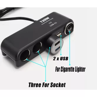   13283 Szivargyújtó elosztó 3-as + 2 USB aljzat + Öngyújtó aljzat 12/24V - MAX 120W