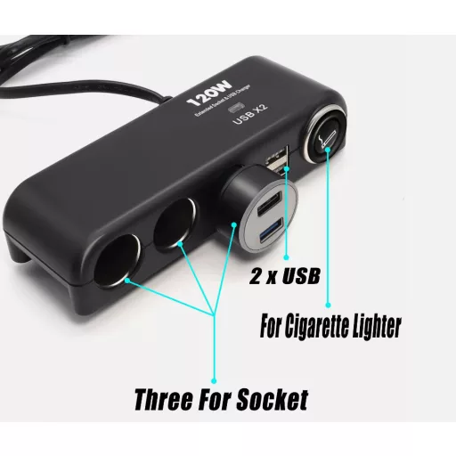 13283 Szivargyújtó elosztó 3-as + 2 USB aljzat + Öngyújtó aljzat 12/24V - MAX 120W