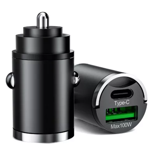 2 portos MAX 100W-os autós gyorstöltő adapter - 12/24V – USB-A + USB-C (PD/QC)
