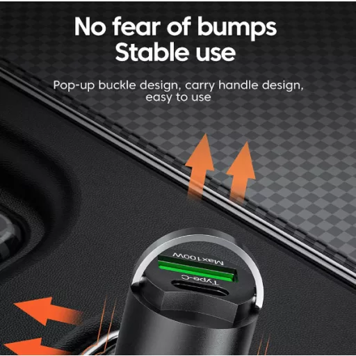 2 portos MAX 100W-os autós gyorstöltő adapter - 12/24V – USB-A + USB-C (PD/QC)