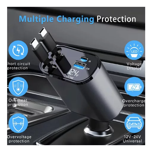 120W 4in1 autós töltő - Kihúzható kábellel TYPE-C + APPLE, PD USB Gyors töltés 12/24V