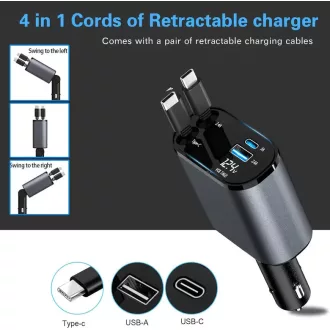   120W 4in1 autós töltő - Kihúzható kábellel TYPE-C + APPLE, PD USB Gyors töltés 12/24V