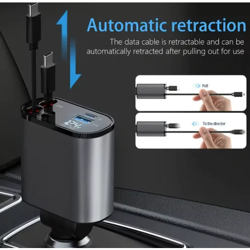 120W 4in1 autós töltő - Kihúzható kábellel TYPE-C + APPLE, PD USB Gyors töltés 12/24V