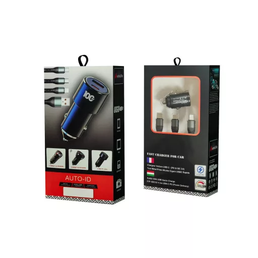Autós gyorstöltő + 3in1 gyorstöltő kábel - 2 portos MAX 100W-os autós gyorstöltő adapter - 12/24V – USB-A + USB-C (PD/QC)