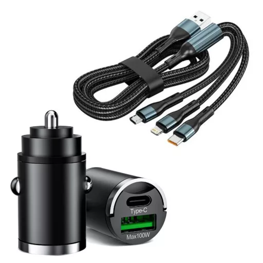 Autós gyorstöltő + 3in1 gyorstöltő kábel - 2 portos MAX 100W-os autós gyorstöltő adapter - 12/24V – USB-A + USB-C (PD/QC)