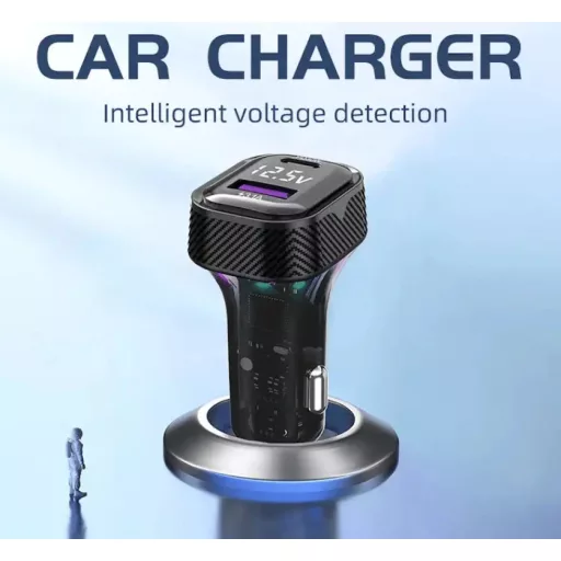Szivargyújtós gyorstöltő 45W – PD Type-C + USB, RGB világítással és beépített voltmérővel