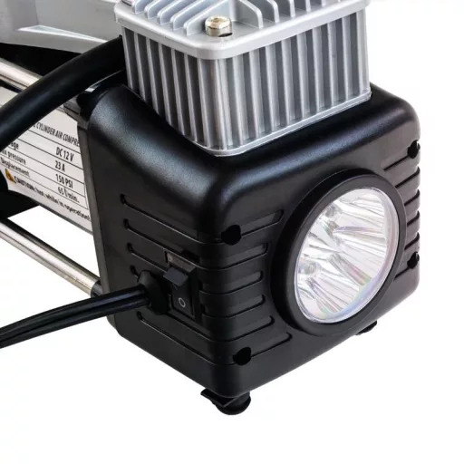 Kompresszor fémházas 12V, LED lámpa, spirál tömlő, nagy teljesítmény