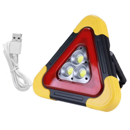 Figyelmeztető háromszög LED lámpa – többfunkciós, napelemes vészjelző, powerbank 24x27cm