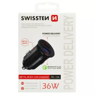   SWISSTEN Szivargyújtós USB Gyorstöltő - QC3.0/PD3.0 - USB-A/USB-C - 36W - 12/24V
