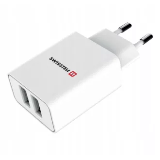   Swissten Hálózati Töltő Adapter, 2 USB Port, Smart IC, 2.1 A, Fehér