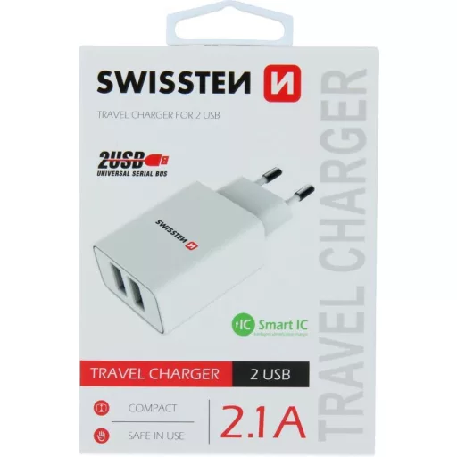 Swissten Hálózati Töltő Adapter, 2 USB Port, Smart IC, 2.1 A, Fehér