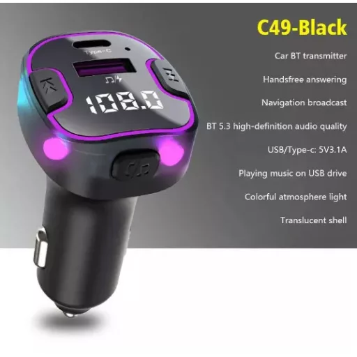 C49 Bluetooth kihangosító 5.3+EDR RGB - FM/Transmitter - 12/24V
