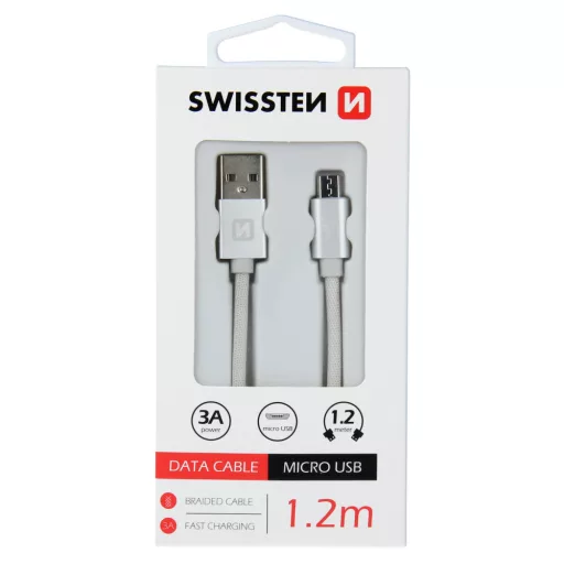 SWISSTEN Adatkábel - USB > microUSB - 3A - 1,2m - Ezüst/Fehér