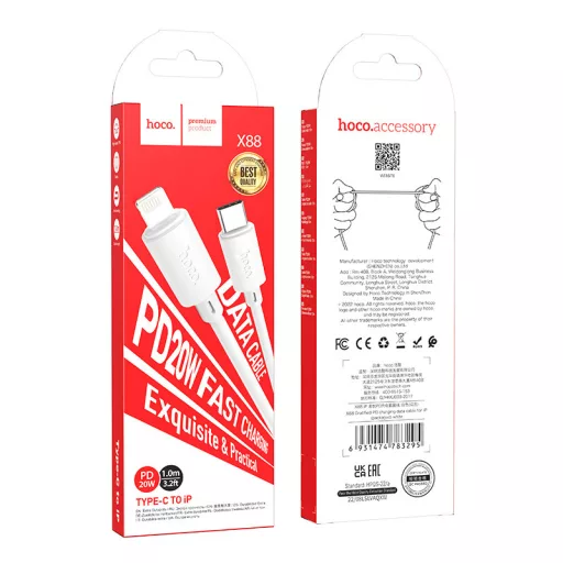 Hoco Töltő és adatkábel Type-C/Lightning csatlakozóval 1 méter PD 20W 2,4A