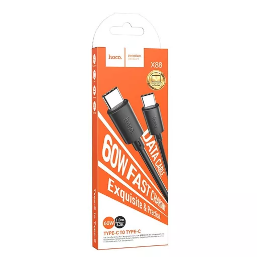 Hoco USB-C adatkábel, töltőkábel, USB-C-USB-C (USB Type-C), fekete, 60W 1m, Hoco X88