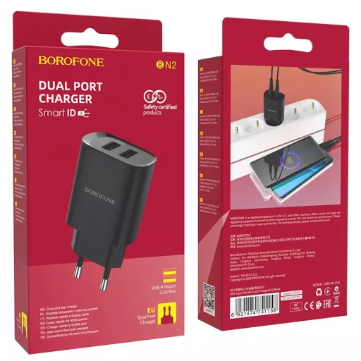 Borofone BN2 Hálózati Töltő Adapter 2xUSB 2.1A, Fekete