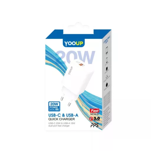YooUp NC56-D Dupla Hálózati Töltő (USB - Type-C) PD 20W Fehér