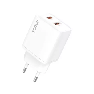   YooUp NC63-D Dupla Hálózati Töltő (USB - Type-C) PD 20W Fehér