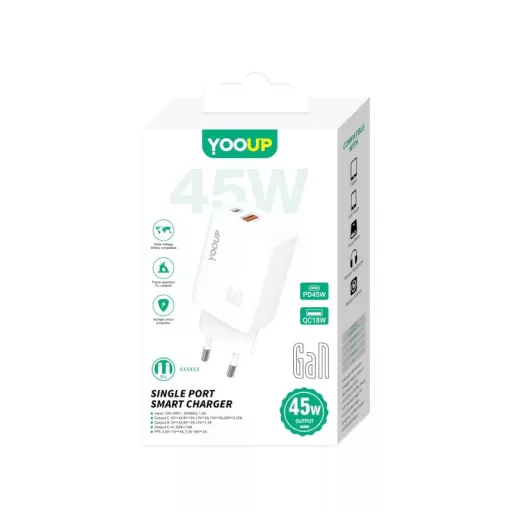 YooUp NC48-D Dupla Hálózati Töltő (USB - TYPE-C) PD 45W Fehér