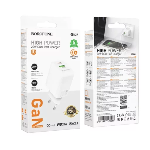 Borofone fali töltő BN27 Fuente - USB + Type C - QC 3.0 PD 20W fehér