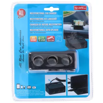 AllRide Szivargyújtó elosztó, 3-as, USB, 3A, 12/24V