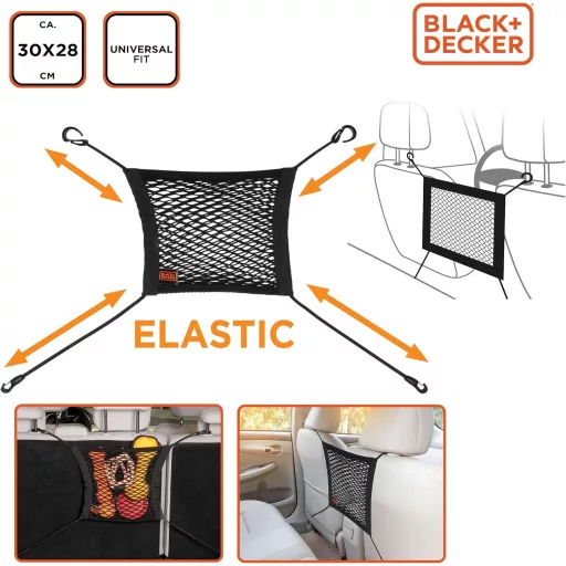 BLACK+DECKER Autós tárolóháló -  30 x 28 cm - Hálós zsebbel a hátsó ülésen - Fekete